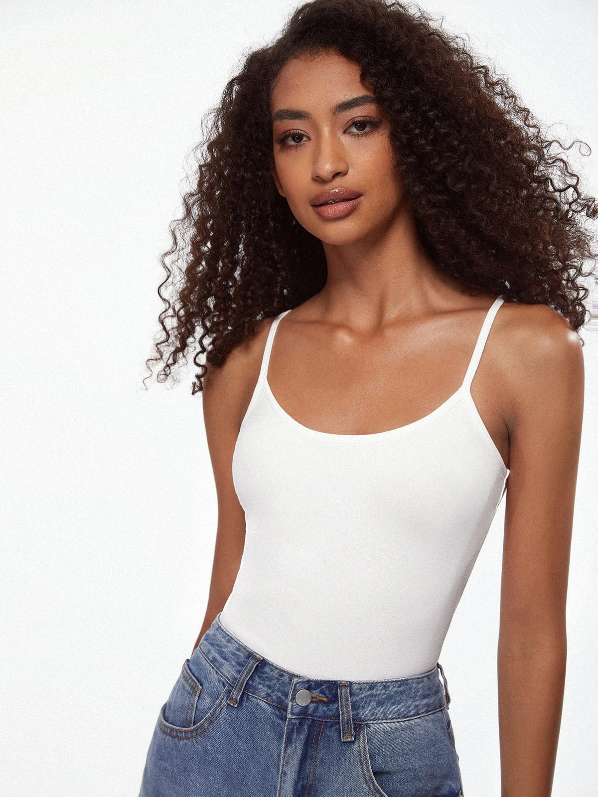 BASICS 1pc Women Solid Color Slim Fit Casual Camisole Tank Top Tops For Women White Tops