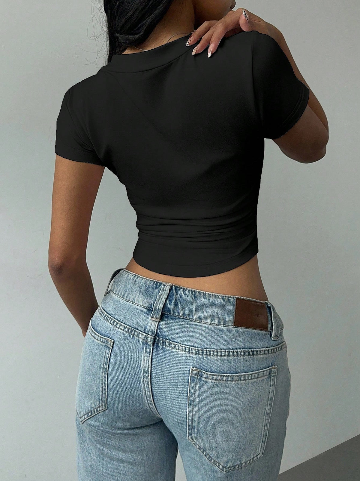 BASICS Casual Minimalist Horse Logo Graphic V-Neck Ruched T-Shirt For Women Summer Tops