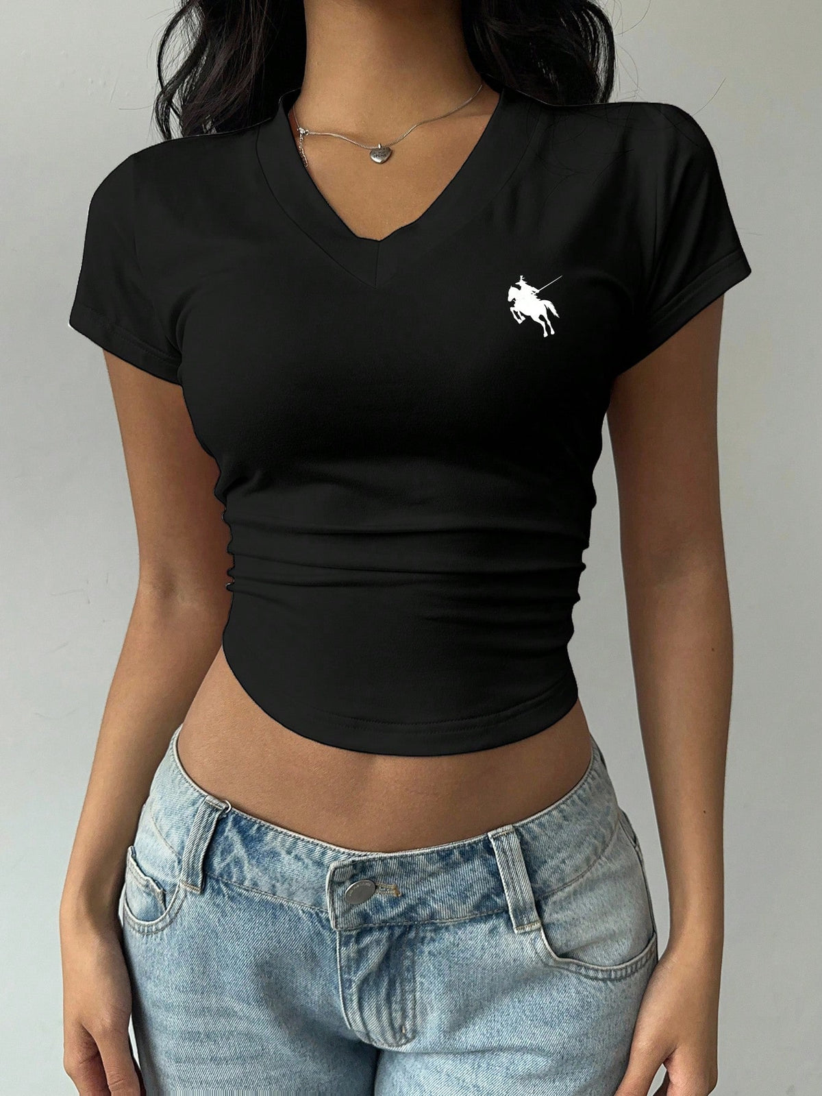 BASICS Casual Minimalist Horse Logo Graphic V-Neck Ruched T-Shirt For Women Summer Tops