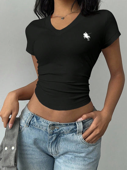 BASICS Casual Minimalist Horse Logo Graphic V-Neck Ruched T-Shirt For Women Summer Tops