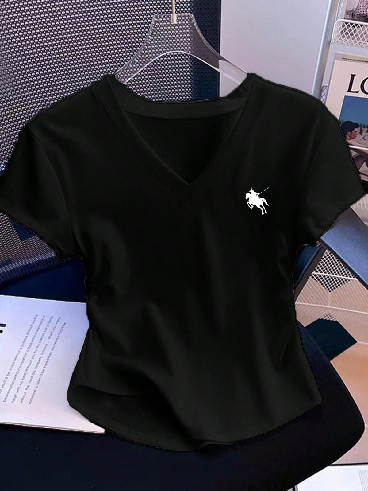 BASICS Casual Minimalist Horse Logo Graphic V-Neck Ruched T-Shirt For Women Summer Tops