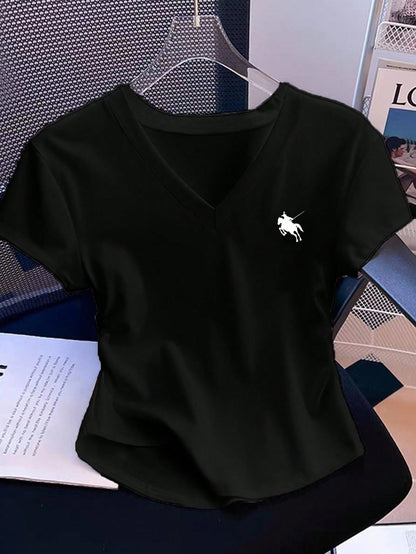 BASICS Casual Minimalist Horse Logo Graphic V-Neck Ruched T-Shirt For Women Summer Tops