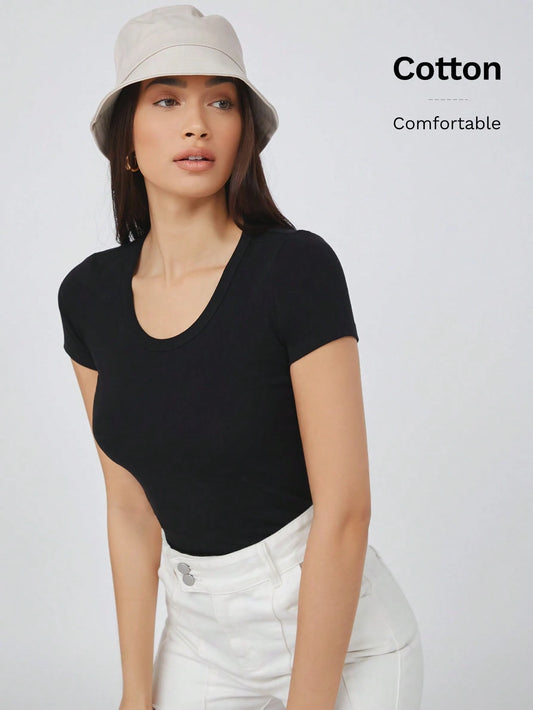 BASICS Women's Solid V-Neck Short Sleeve Slim Fit Casual Top Tops For Women Black Tops