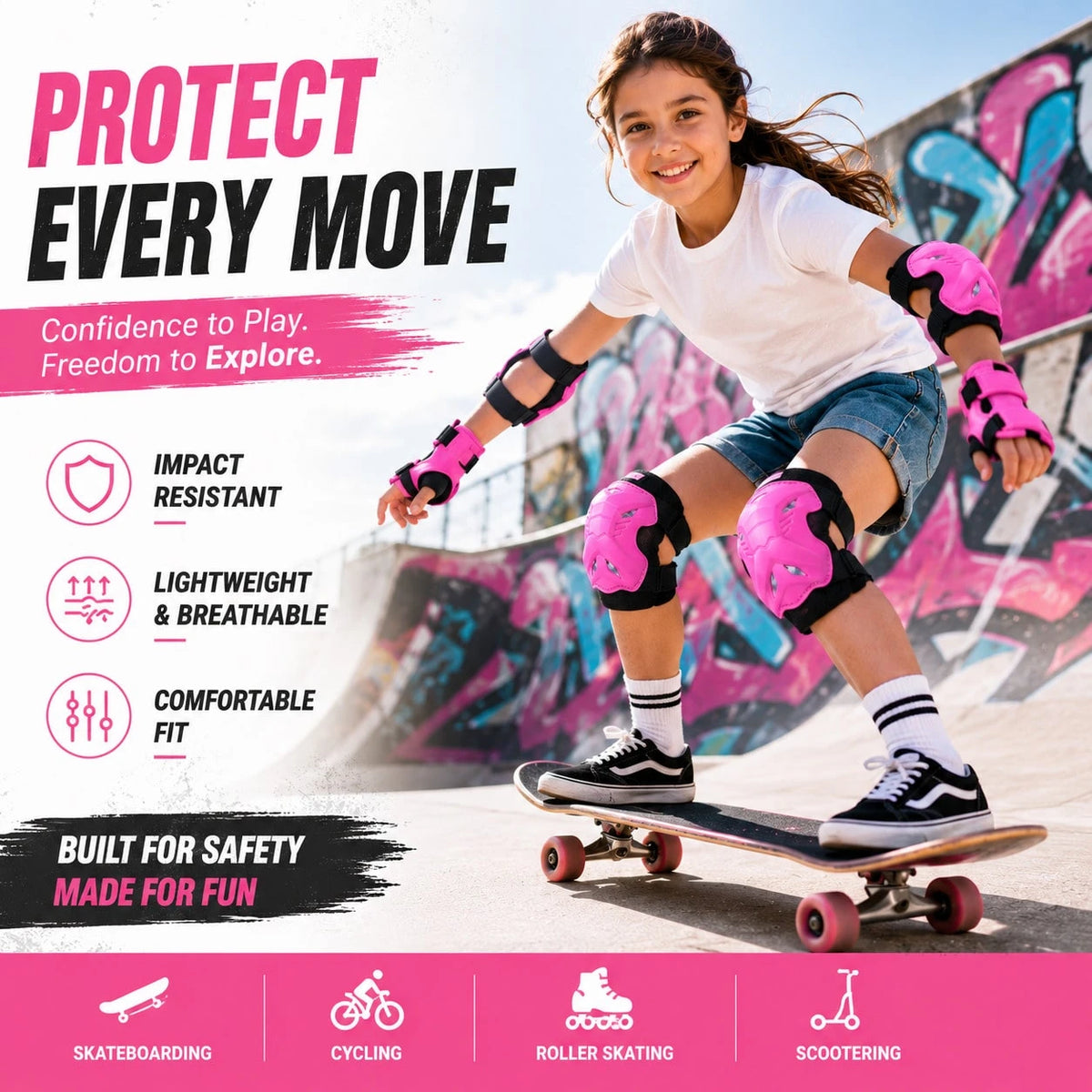 BAT DEICIDE 6PCS Kids Protective Gear CPSIA Certified: Knee Pads Elbow Pads Wrist Guards For Skateboard Cycling Scooter Skating Balance Bike 5-10Y, Back To School