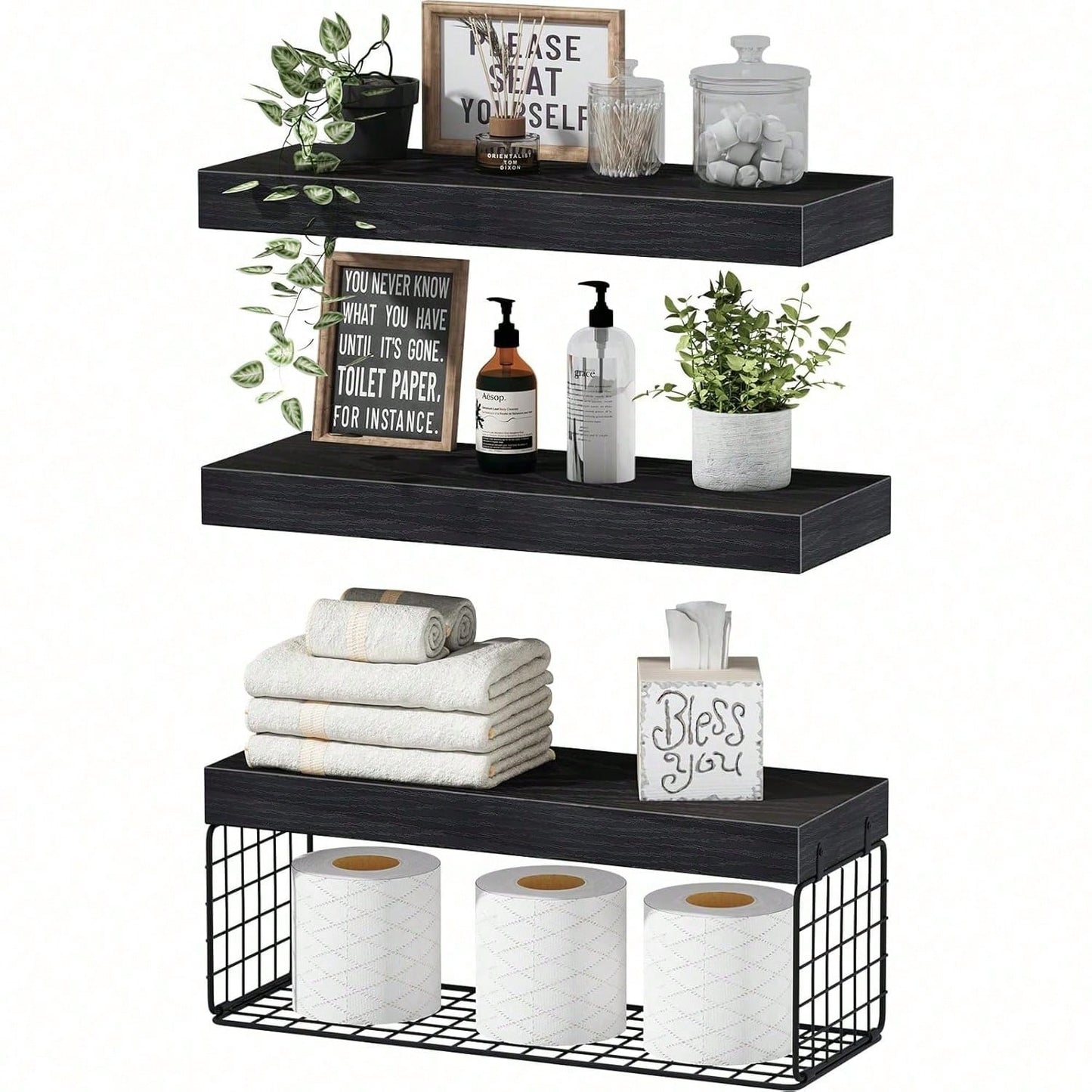 Bathroom Shelves Over Toilet- Wall Mounted Floating Shelves Toilet Paper Storage Small Farmhouse Decor Shelf 16 Inch Set Of 3, Black
