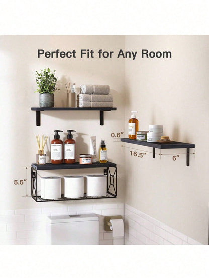 Bathroom Shelves Over Toilet- Wall Mounted Floating Shelves Toilet Paper Storage Small Farmhouse Decor Shelf 16 Inch Set Of 3, Black