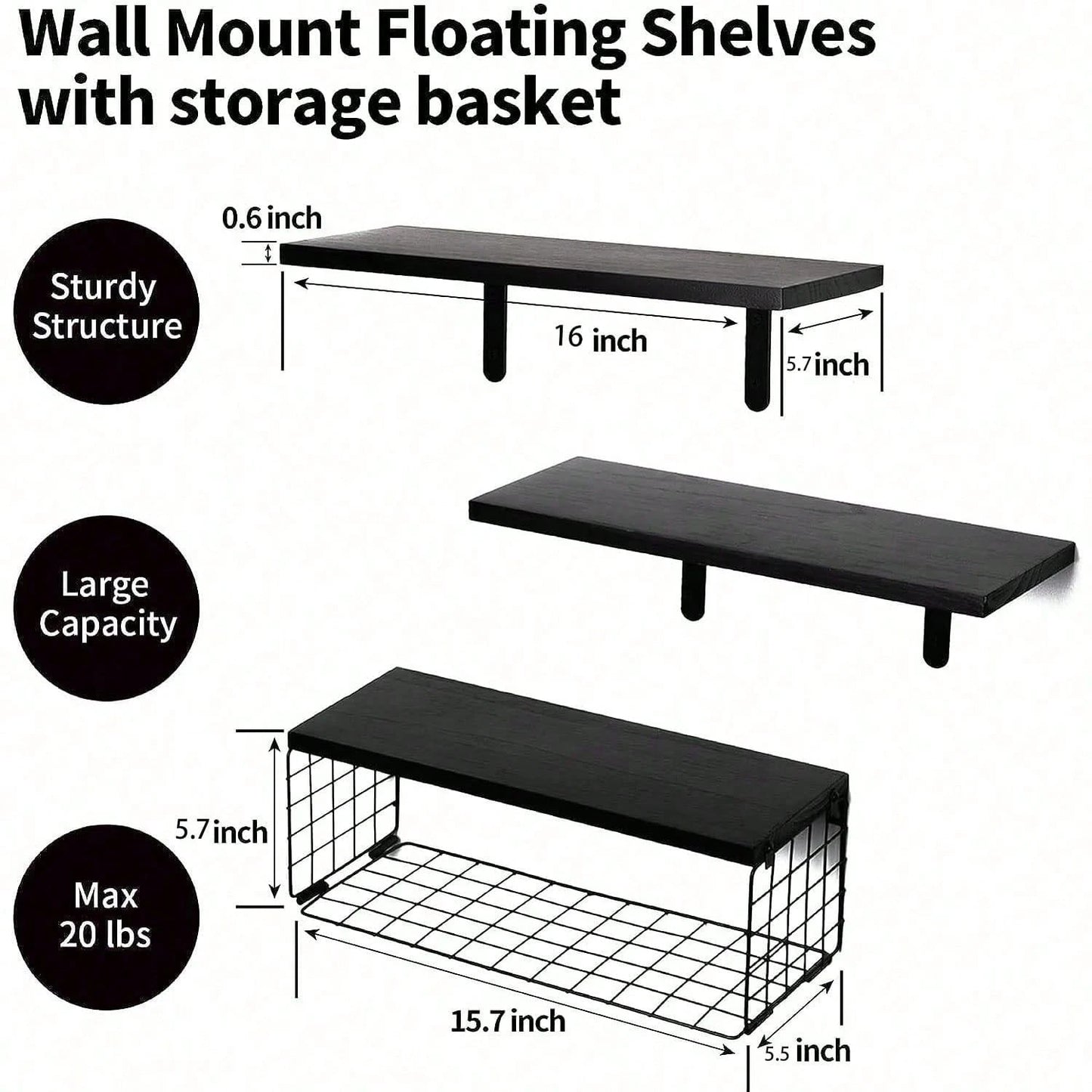 Bathroom Shelves Over Toilet- Wall Mounted Floating Shelves Toilet Paper Storage Small Farmhouse Decor Shelf 16 Inch Set Of 3, Black