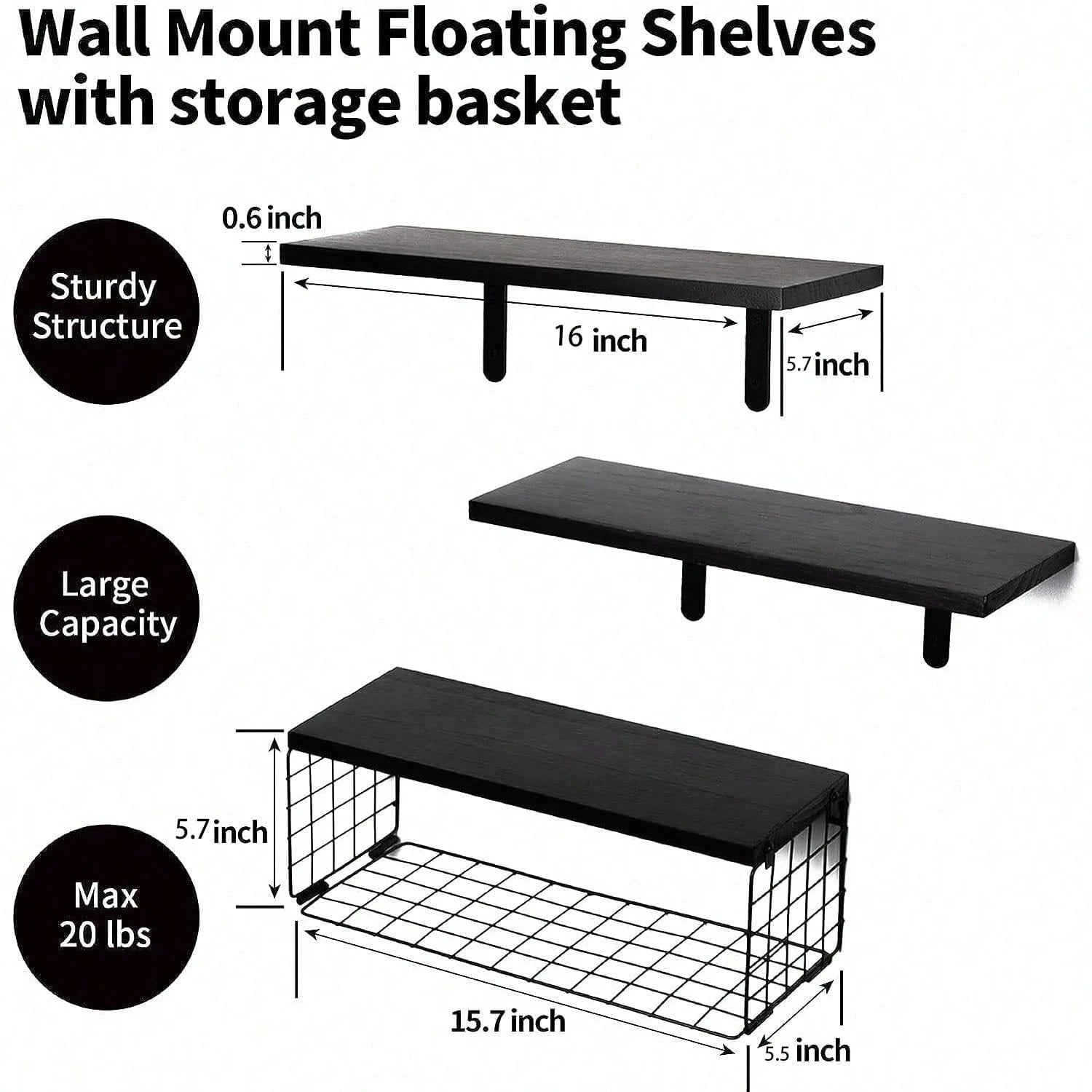 Bathroom Shelves Over Toilet- Wall Mounted Floating Shelves Toilet Paper Storage Small Farmhouse Decor Shelf 16 Inch Set Of 3, Black