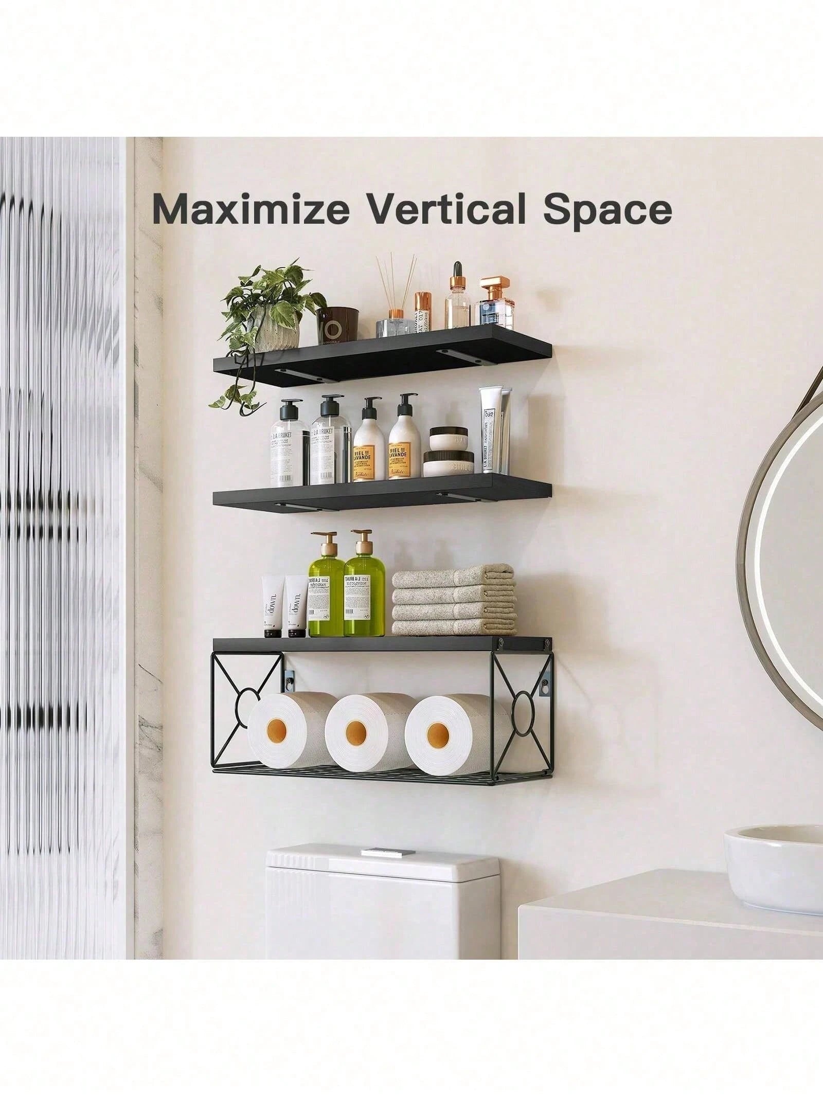 Bathroom Shelves Over Toilet- Wall Mounted Floating Shelves Toilet Paper Storage Small Farmhouse Decor Shelf 16 Inch Set Of 3, Black