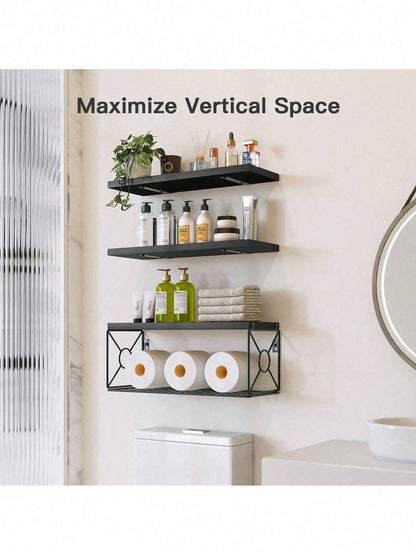 Bathroom Shelves Over Toilet- Wall Mounted Floating Shelves Toilet Paper Storage Small Farmhouse Decor Shelf 16 Inch Set Of 3, Black