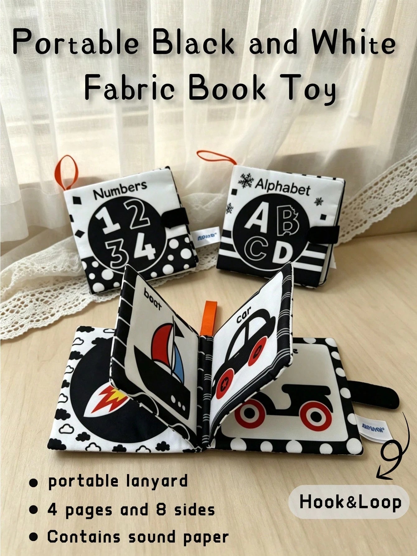 BBSKY 1pc Black & White Early Education Cloth Book, Tear-Resistant & Chewable, Newborn Visual Tracking Crinkle Paper Toy, Baby Number & Letter Recognition Learning Book, Portable Hanging Strap Design