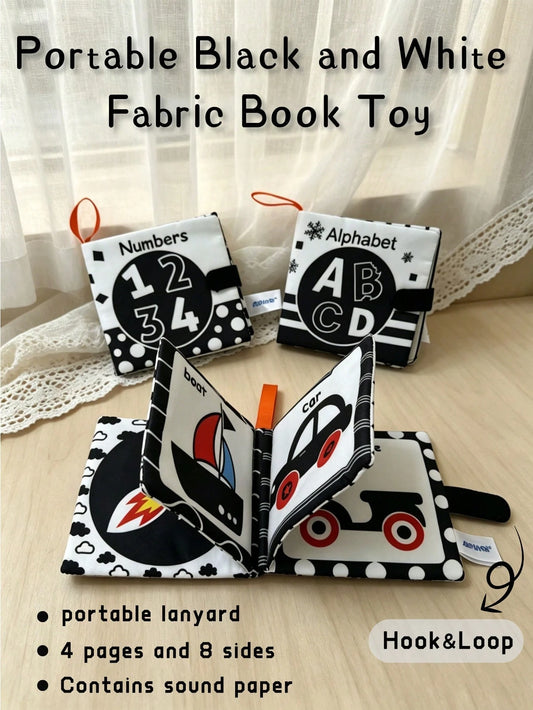 BBSKY 1pc Black & White Early Education Cloth Book, Tear-Resistant & Chewable, Newborn Visual Tracking Crinkle Paper Toy, Baby Number & Letter Recognition Learning Book, Portable Hanging Strap Design
