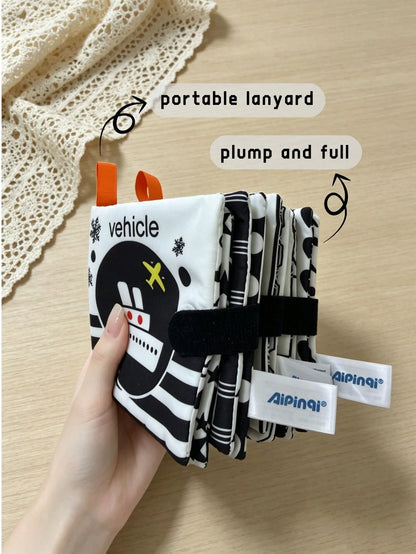 BBSKY 1pc Black & White Early Education Cloth Book, Tear-Resistant & Chewable, Newborn Visual Tracking Crinkle Paper Toy, Baby Number & Letter Recognition Learning Book, Portable Hanging Strap Design