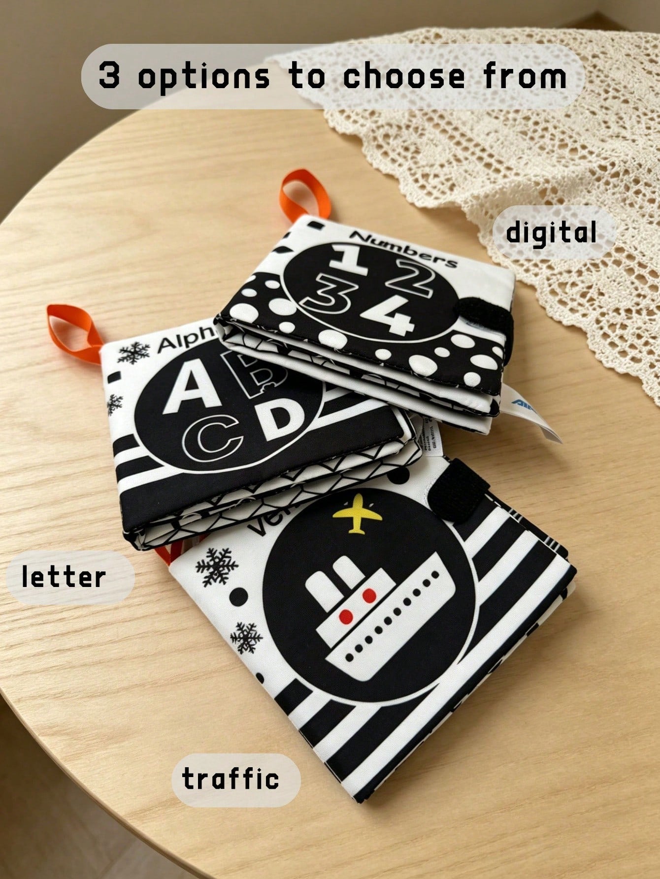 BBSKY 1pc Black & White Early Education Cloth Book, Tear-Resistant & Chewable, Newborn Visual Tracking Crinkle Paper Toy, Baby Number & Letter Recognition Learning Book, Portable Hanging Strap Design