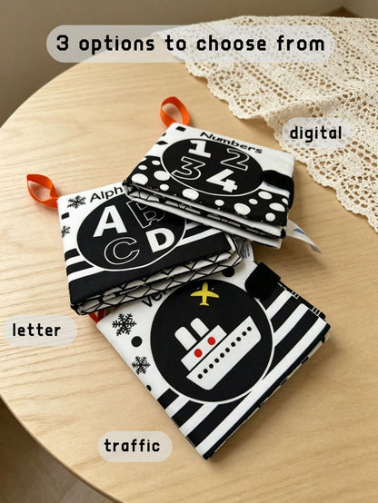 BBSKY 1pc Black & White Early Education Cloth Book, Tear-Resistant & Chewable, Newborn Visual Tracking Crinkle Paper Toy, Baby Number & Letter Recognition Learning Book, Portable Hanging Strap Design