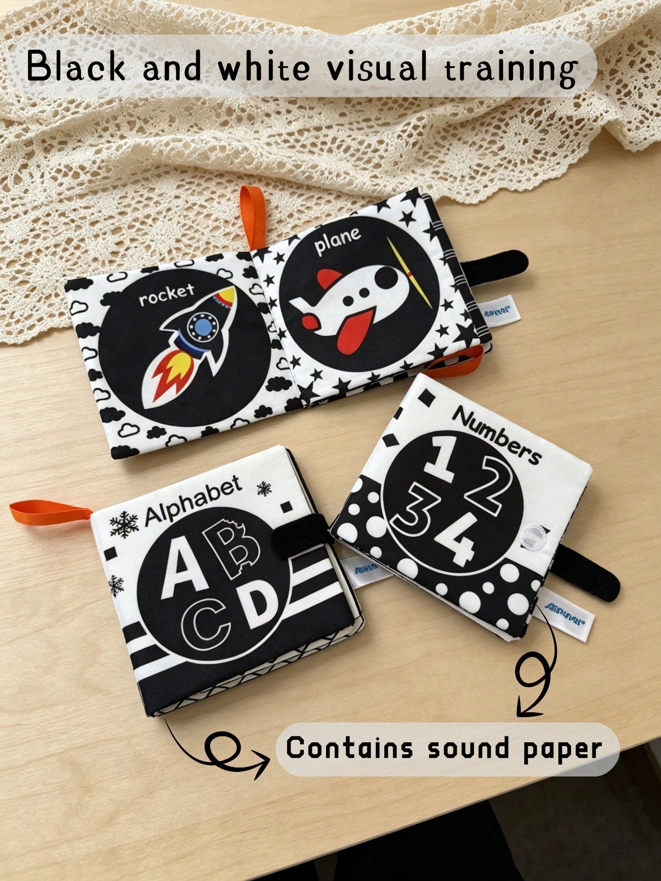 BBSKY 1pc Black & White Early Education Cloth Book, Tear-Resistant & Chewable, Newborn Visual Tracking Crinkle Paper Toy, Baby Number & Letter Recognition Learning Book, Portable Hanging Strap Design