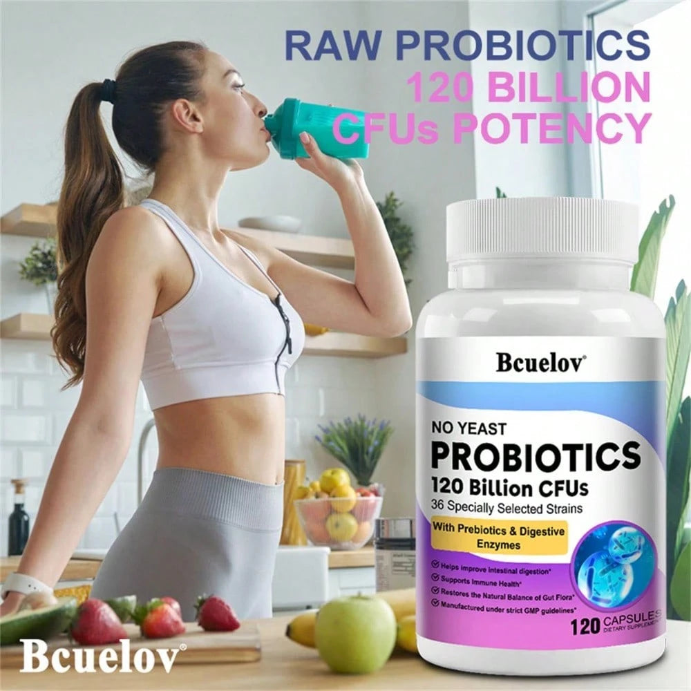 Bcuelov Probiotic Dietary Supplement- Contains A Probiotic Blend (Lactobacillus Acidophilus, Lactic Acid Bacteria) And A Digestive Enzyme Complex (Amylase, Glucoamylase, Lactase)- 120 Capsules