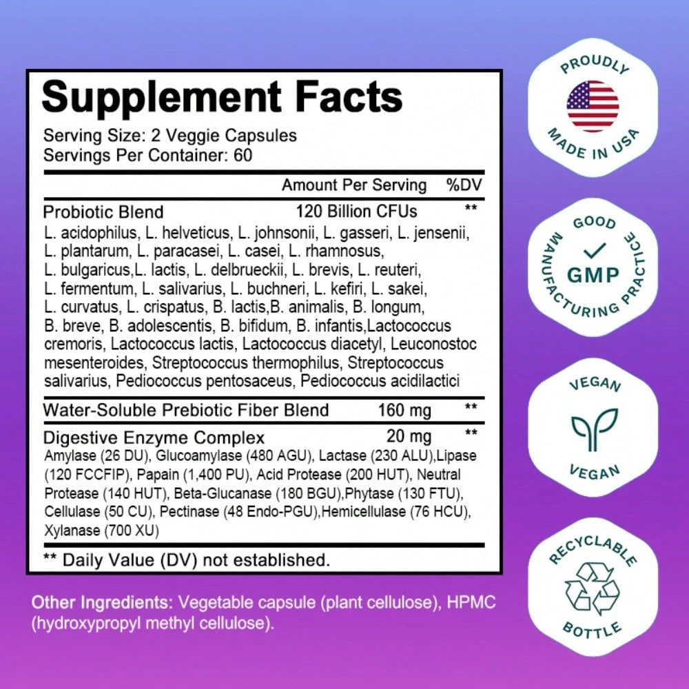 Bcuelov Probiotic Dietary Supplement- Contains A Probiotic Blend (Lactobacillus Acidophilus, Lactic Acid Bacteria) And A Digestive Enzyme Complex (Amylase, Glucoamylase, Lactase)- 120 Capsules