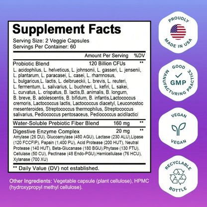 Bcuelov Probiotic Dietary Supplement- Contains A Probiotic Blend (Lactobacillus Acidophilus, Lactic Acid Bacteria) And A Digestive Enzyme Complex (Amylase, Glucoamylase, Lactase)- 120 Capsules