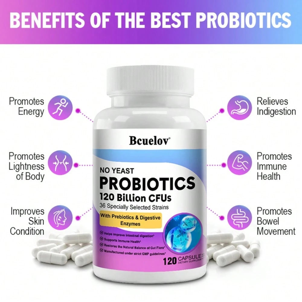 Bcuelov Probiotic Dietary Supplement- Contains A Probiotic Blend (Lactobacillus Acidophilus, Lactic Acid Bacteria) And A Digestive Enzyme Complex (Amylase, Glucoamylase, Lactase)- 120 Capsules