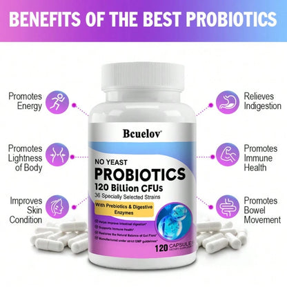 Bcuelov Probiotic Dietary Supplement- Contains A Probiotic Blend (Lactobacillus Acidophilus, Lactic Acid Bacteria) And A Digestive Enzyme Complex (Amylase, Glucoamylase, Lactase)- 120 Capsules