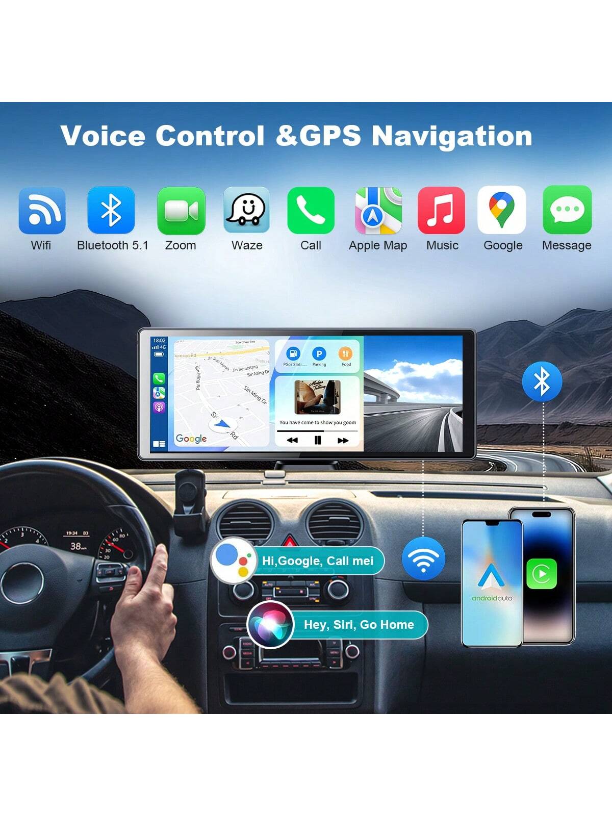 BDQ 9.26" Wireless Car Stereo Apple Carplay With 2.5K Dash Cam 1080P Backup Camera Portable Touchscreen GPS Navigation For Car Stereo Receiver With Bluetooth AirPlay AUX/FM