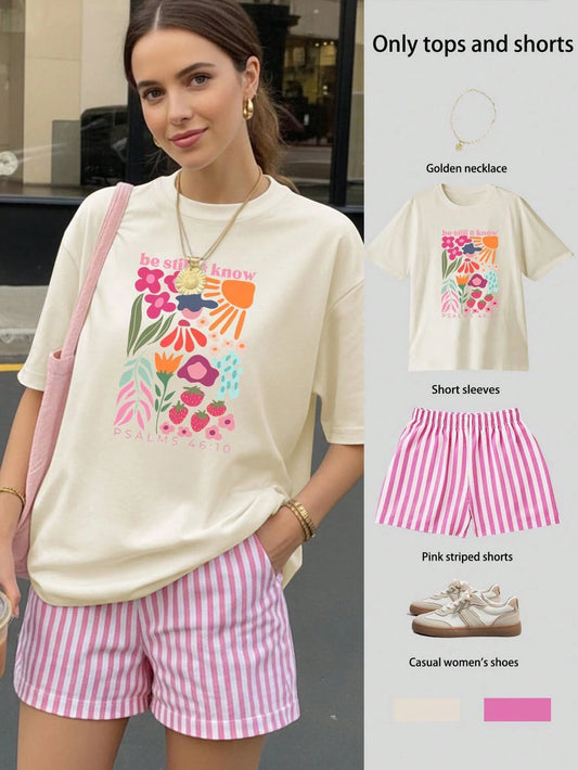 Be Stil & Know Print Women's Loose Short Sleeve Top & Striped Shorts Set, Summer Top, Casual Women's Clothing, Women's Clothing Elegant