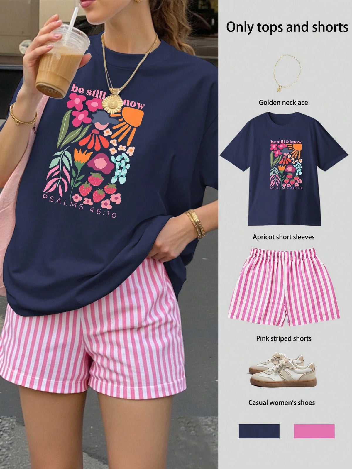 Be Stil & Know Print Women's Loose Short Sleeve Top & Striped Shorts Set, Summer Top, Casual Women's Clothing, Women's Clothing Elegant