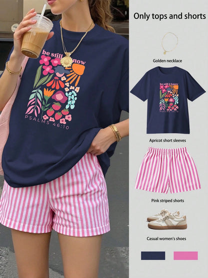 Be Stil & Know Print Women's Loose Short Sleeve Top & Striped Shorts Set, Summer Top, Casual Women's Clothing, Women's Clothing Elegant