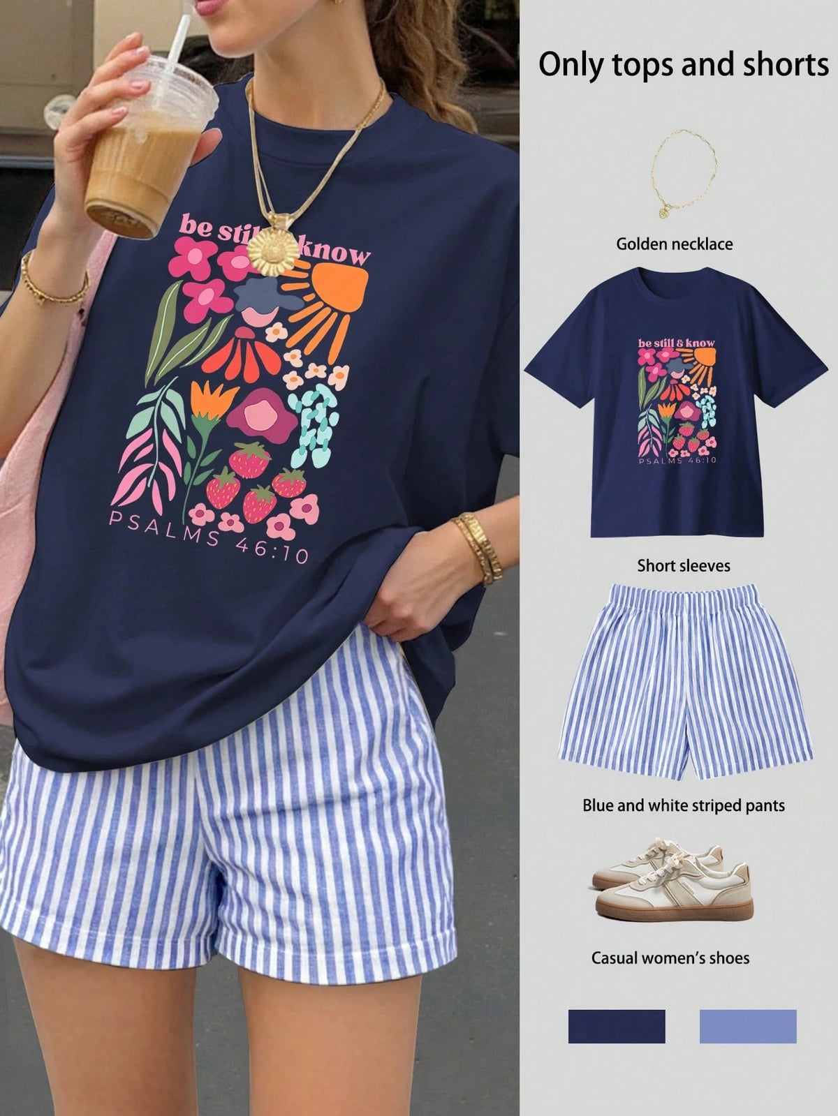 Be Stil & Know Print Women's Loose Short Sleeve Top & Striped Shorts Set, Summer Top, Casual Women's Clothing, Women's Clothing Elegant