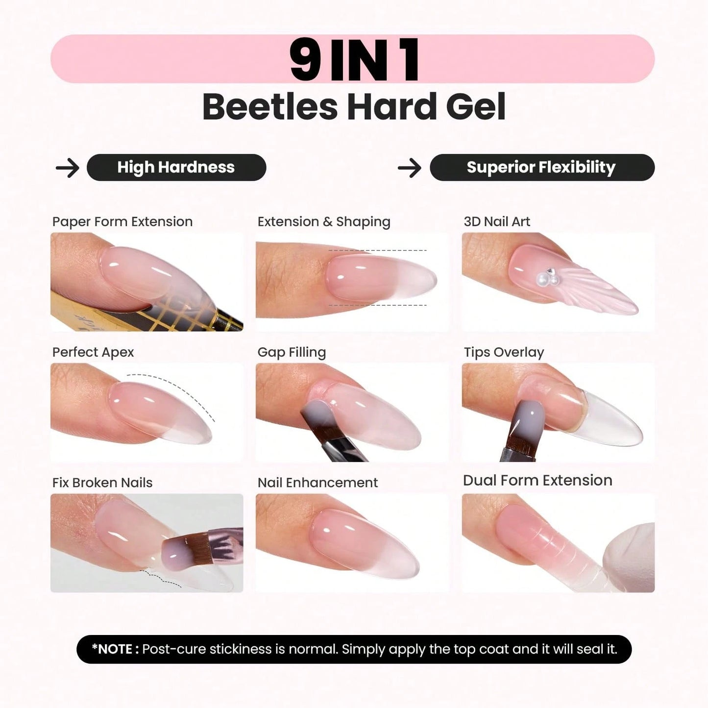 Beetles HEMA-Free Hard Gel For Nails- 9 In 1 Clear & Jelly Nude UV LED Sculpting Gel, Nail Extension & Repair With Flat Brush, High Hardness Manicure For Pros & Women