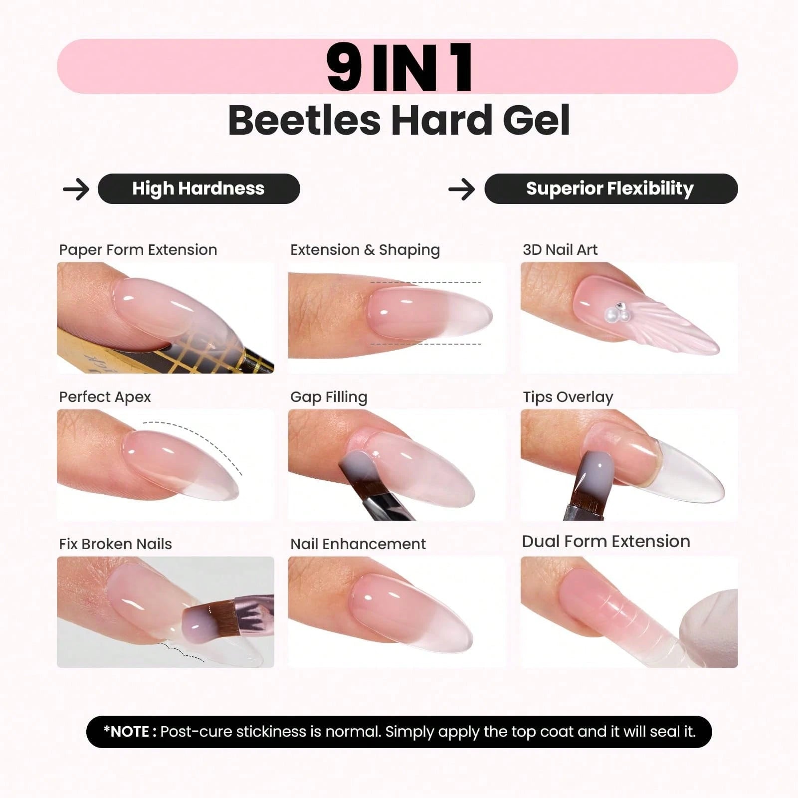 Beetles HEMA-Free Hard Gel For Nails- 9 In 1 Clear & Jelly Nude UV LED Sculpting Gel, Nail Extension & Repair With Flat Brush, High Hardness Manicure For Pros & Women