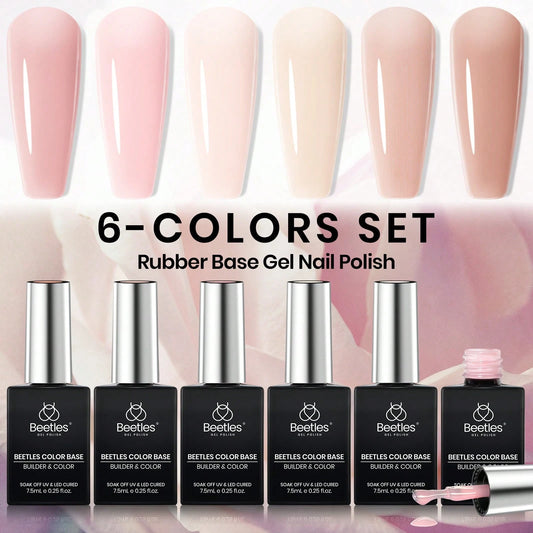 Beetles Rubber Base Gel Nail Polish, 6 Colors Nude Gel Polish Pink Peach Neutral Sheer French Tips Base Colors