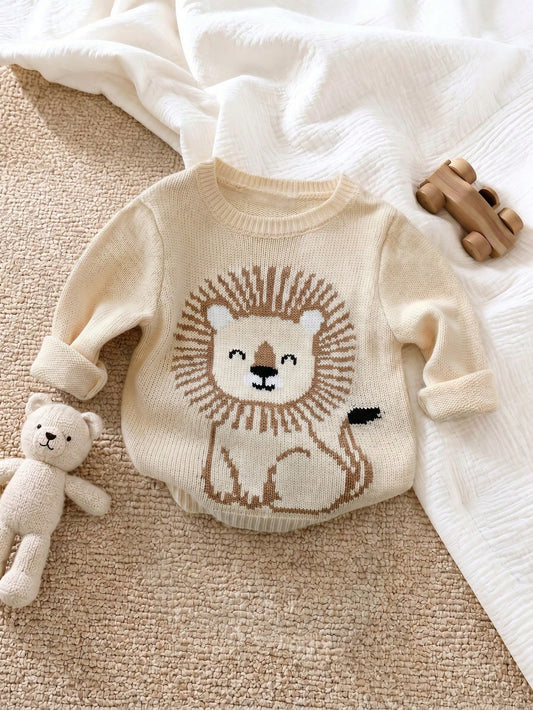 Beige,Autumn,Cute,Matching Family Lion Pattern Long Sleeve Crew Neck Sweater Knit Top,Soft & Comfortable Baby Boy Girl Fall Neutral Clothes Jumper