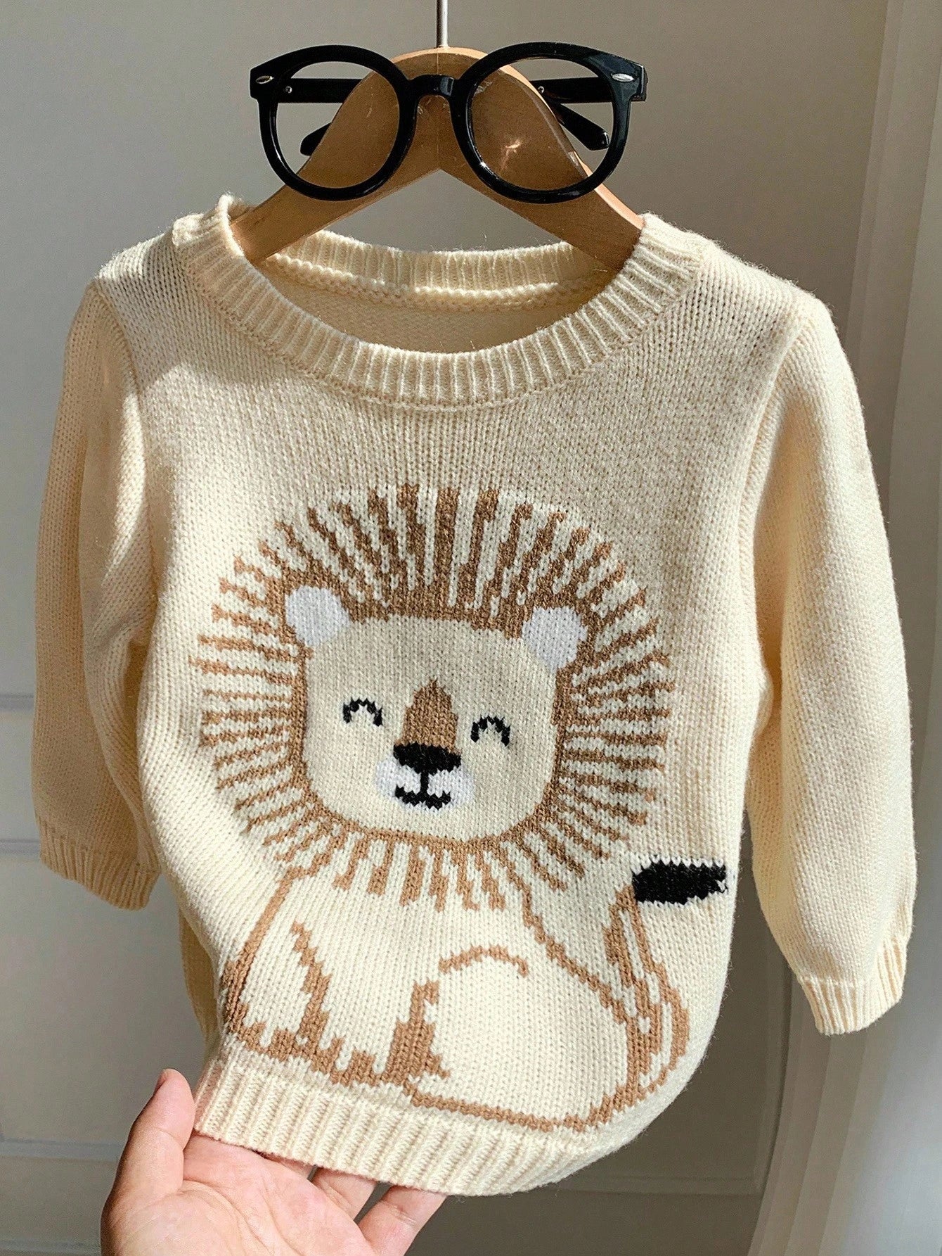 Beige,Autumn,Cute,Matching Family Lion Pattern Long Sleeve Crew Neck Sweater Knit Top,Soft & Comfortable Baby Boy Girl Fall Neutral Clothes Jumper