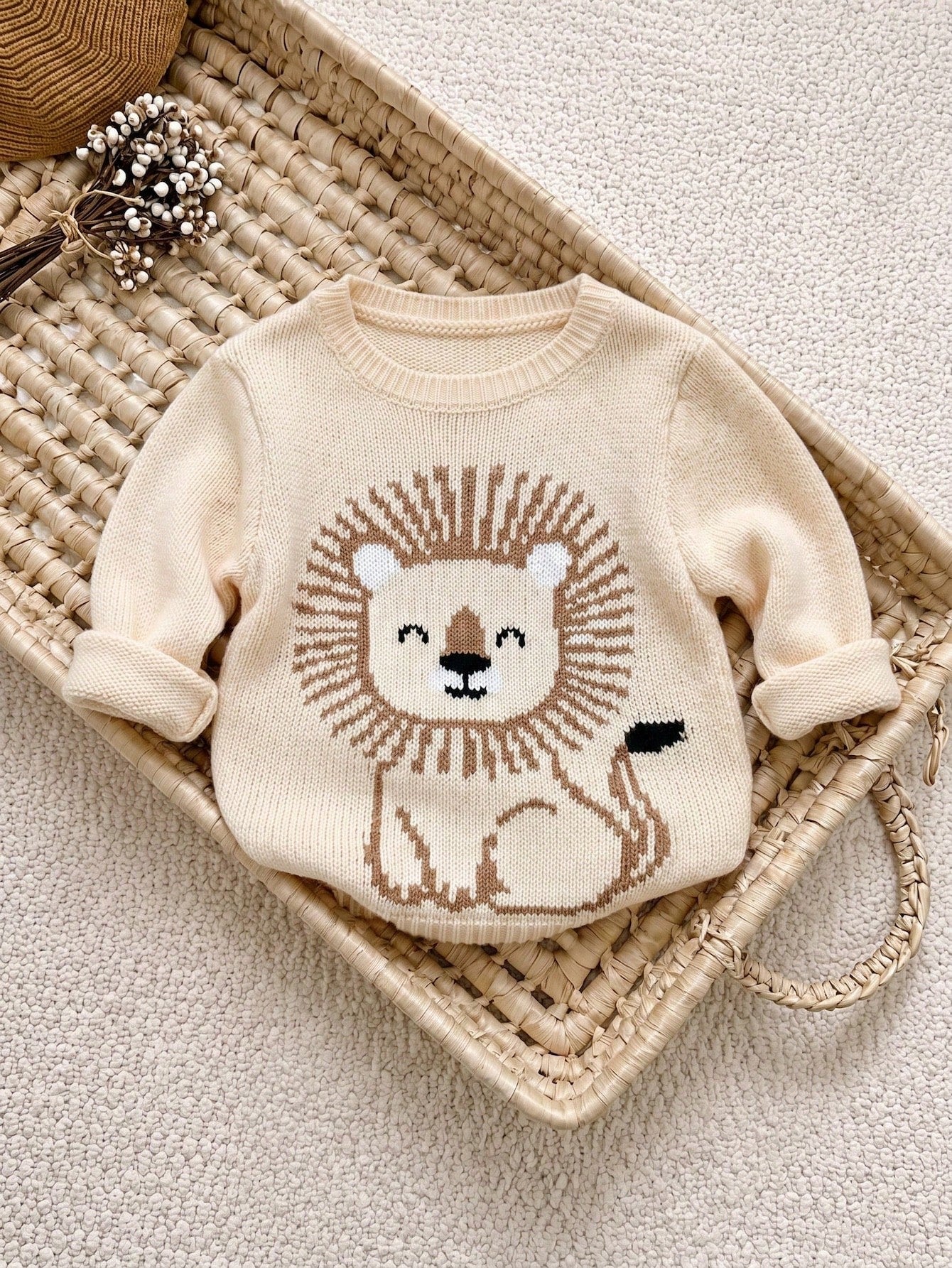 Beige,Autumn,Cute,Matching Family Lion Pattern Long Sleeve Crew Neck Sweater Knit Top,Soft & Comfortable Baby Boy Girl Fall Neutral Clothes Jumper