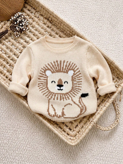 Beige,Autumn,Cute,Matching Family Lion Pattern Long Sleeve Crew Neck Sweater Knit Top,Soft & Comfortable Baby Boy Girl Fall Neutral Clothes Jumper