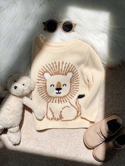 Beige,Autumn,Cute,Matching Family Lion Pattern Long Sleeve Crew Neck Sweater Knit Top,Soft & Comfortable Baby Boy Girl Fall Neutral Clothes Jumper