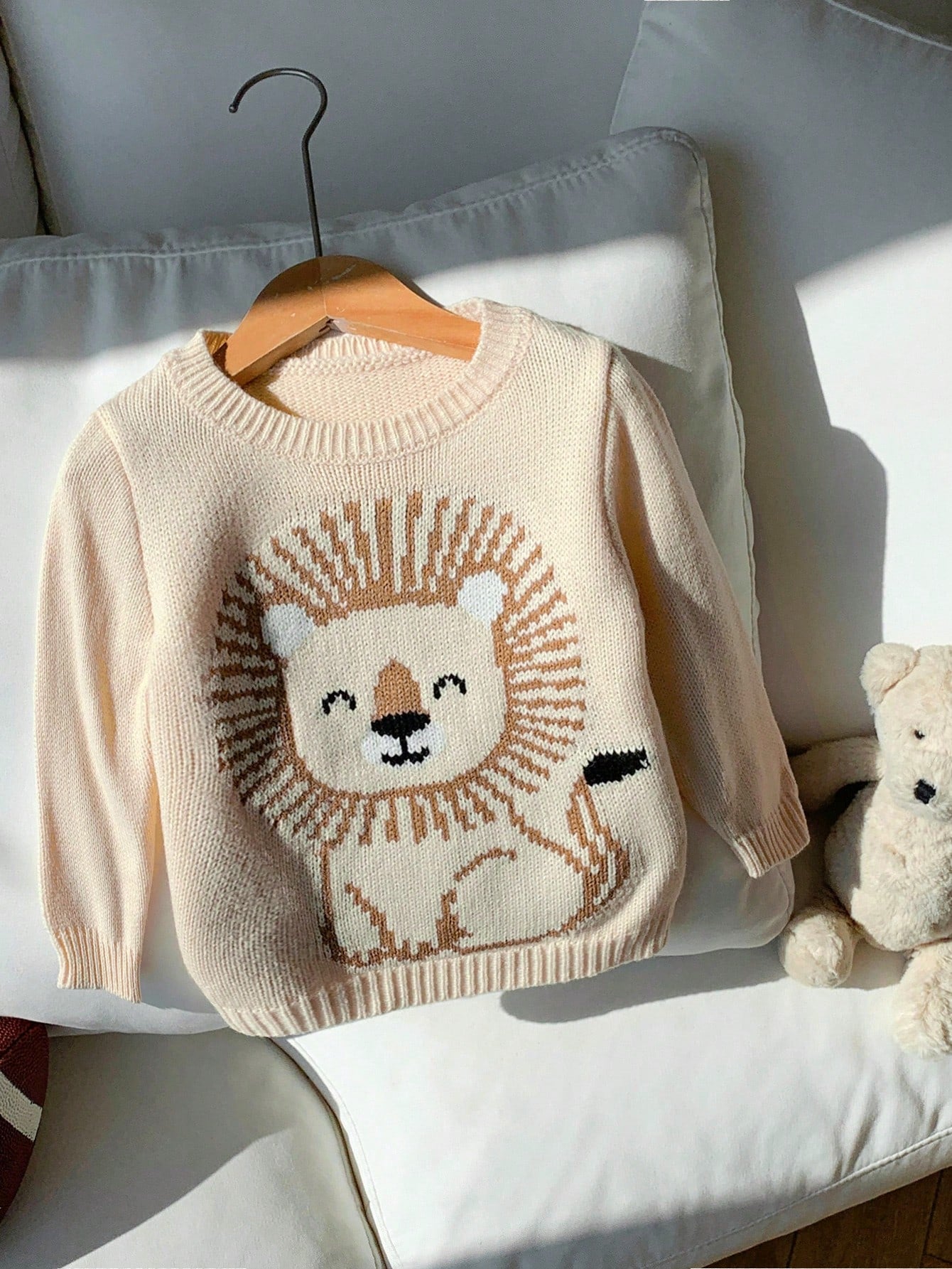 Beige,Autumn,Cute,Matching Family Lion Pattern Long Sleeve Crew Neck Sweater Knit Top,Soft & Comfortable Baby Boy Girl Fall Neutral Clothes Jumper