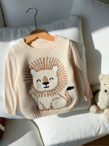 Beige,Autumn,Cute,Matching Family Lion Pattern Long Sleeve Crew Neck Sweater Knit Top,Soft & Comfortable Baby Boy Girl Fall Neutral Clothes Jumper