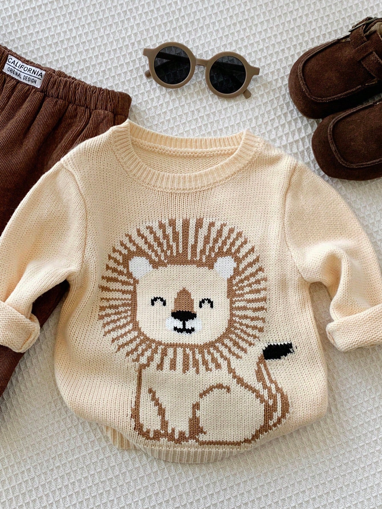 Beige,Autumn,Cute,Matching Family Lion Pattern Long Sleeve Crew Neck Sweater Knit Top,Soft & Comfortable Baby Boy Girl Fall Neutral Clothes Jumper