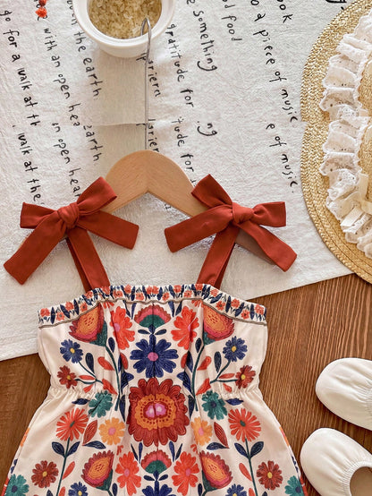 Beige, Summer, Boho, Vacation, Holiday Baby Girl Ditsy Floral Ruffle Trim Strapless Jumpsuit With Bow Straps, Baby Girl Beach Romper Mommy And Me Outfits
