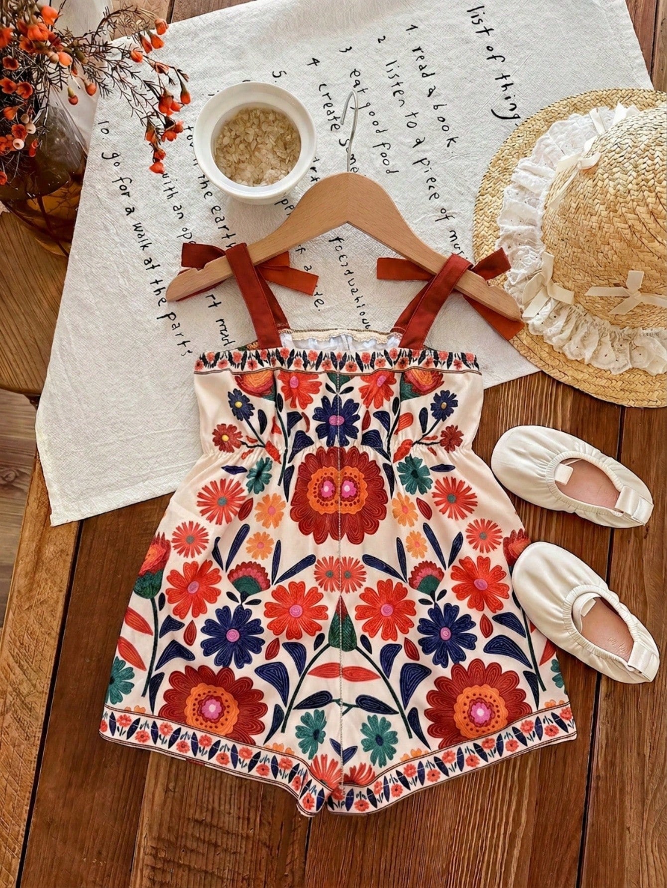 Beige, Summer, Boho, Vacation, Holiday Baby Girl Ditsy Floral Ruffle Trim Strapless Jumpsuit With Bow Straps, Baby Girl Beach Romper Mommy And Me Outfits