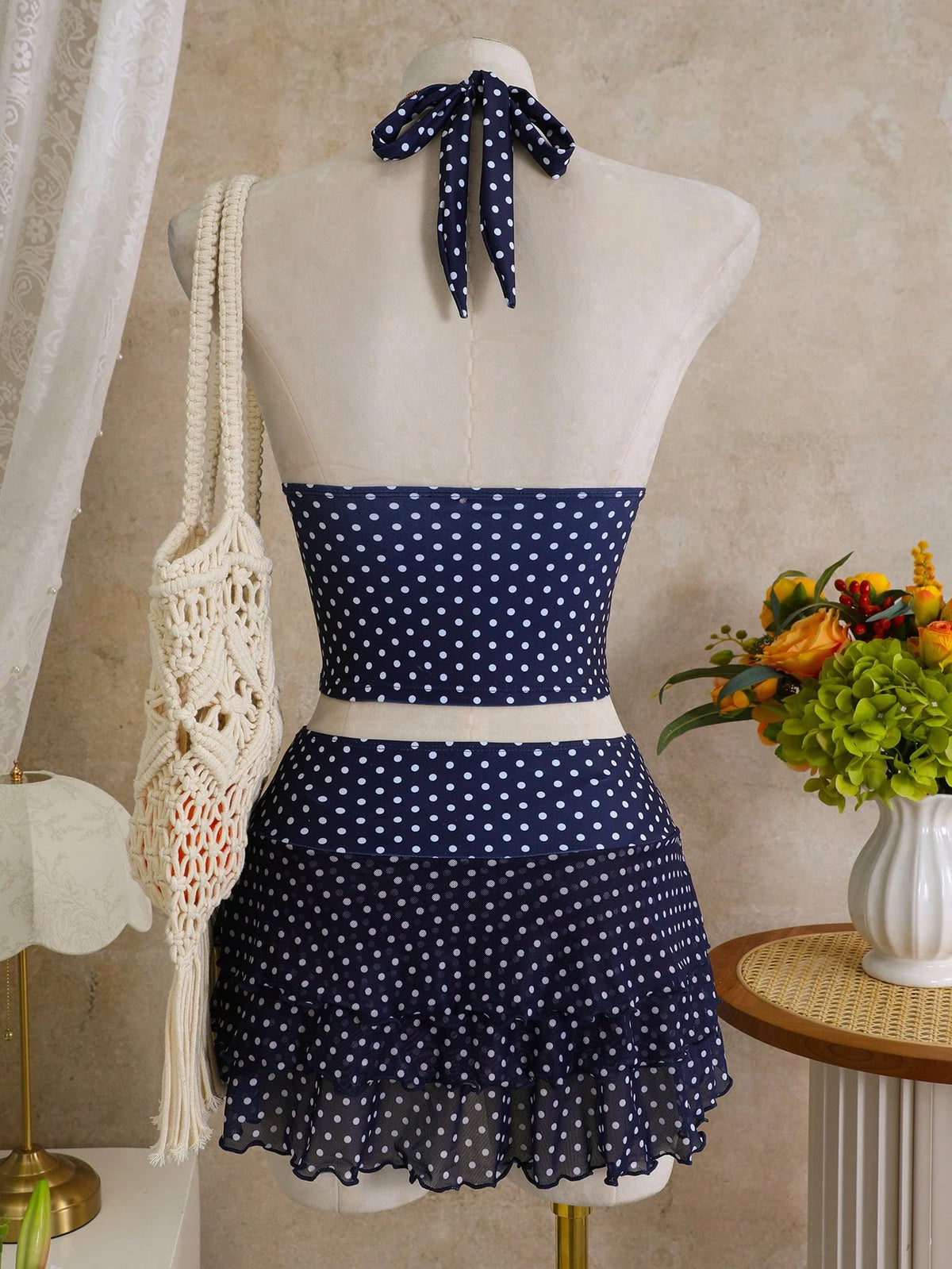 Bellisia 3pcs Women's Summer Swimwear Set, Polka Dot Print Halter Bikini Top Paired With Multi-Layered Ruffle Skirt