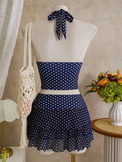 Bellisia 3pcs Women's Summer Swimwear Set, Polka Dot Print Halter Bikini Top Paired With Multi-Layered Ruffle Skirt