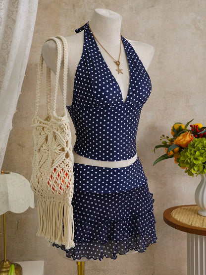Bellisia 3pcs Women's Summer Swimwear Set, Polka Dot Print Halter Bikini Top Paired With Multi-Layered Ruffle Skirt
