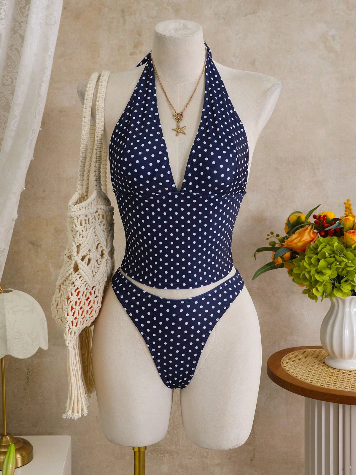 Bellisia 3pcs Women's Summer Swimwear Set, Polka Dot Print Halter Bikini Top Paired With Multi-Layered Ruffle Skirt