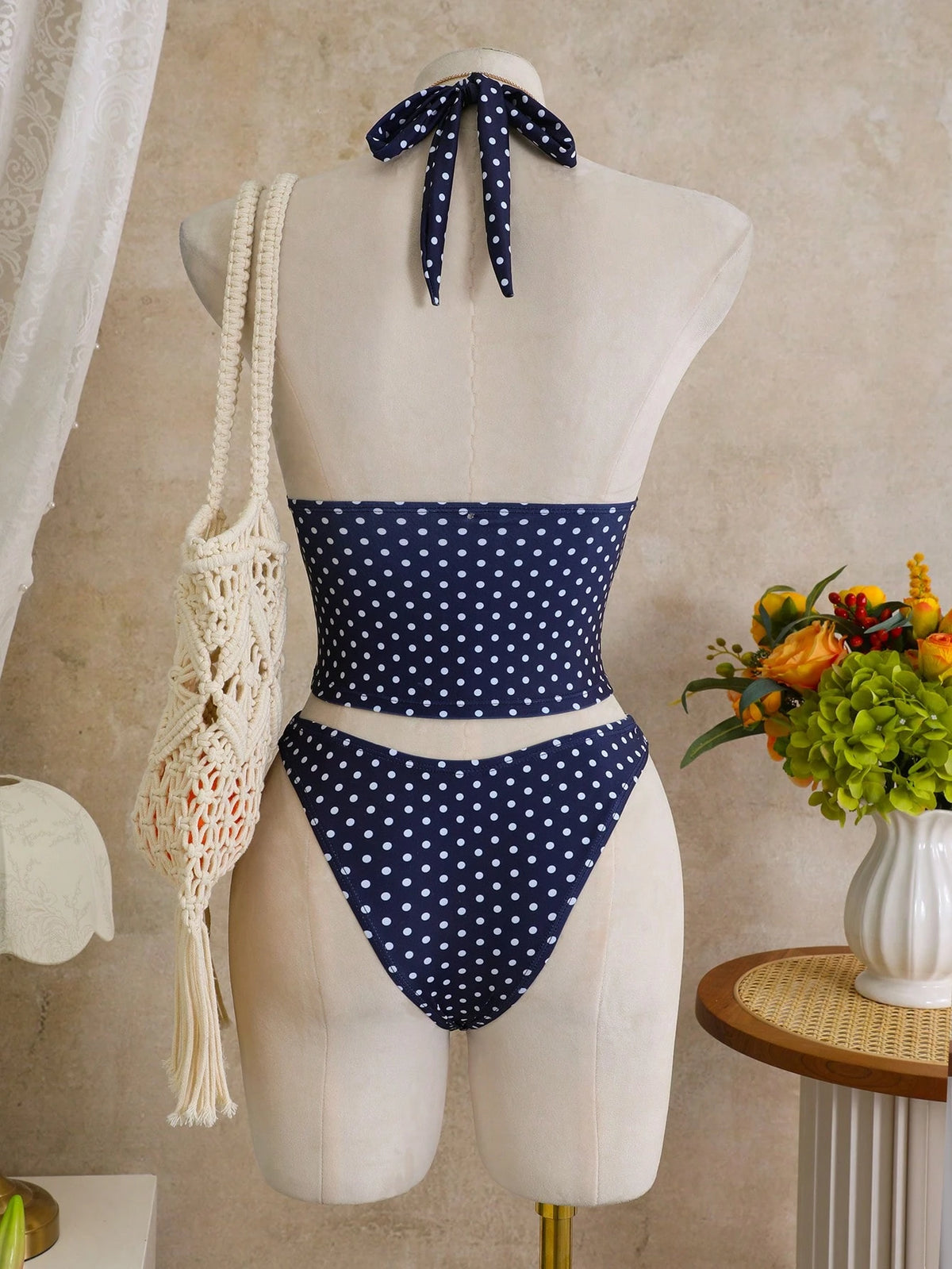 Bellisia 3pcs Women's Summer Swimwear Set, Polka Dot Print Halter Bikini Top Paired With Multi-Layered Ruffle Skirt