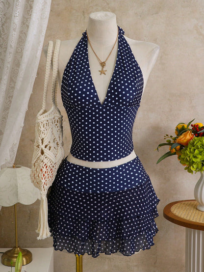 Bellisia 3pcs Women's Summer Swimwear Set, Polka Dot Print Halter Bikini Top Paired With Multi-Layered Ruffle Skirt