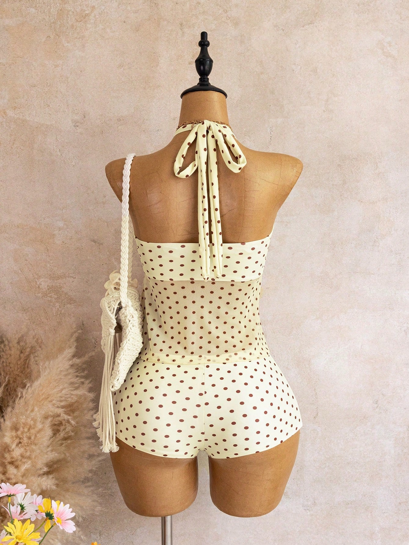 Bellisia Swim Chic Sea French Elegant Halter Neck Tankini Swimwear With Metal Decor And Mesh Splice, Vacation Style